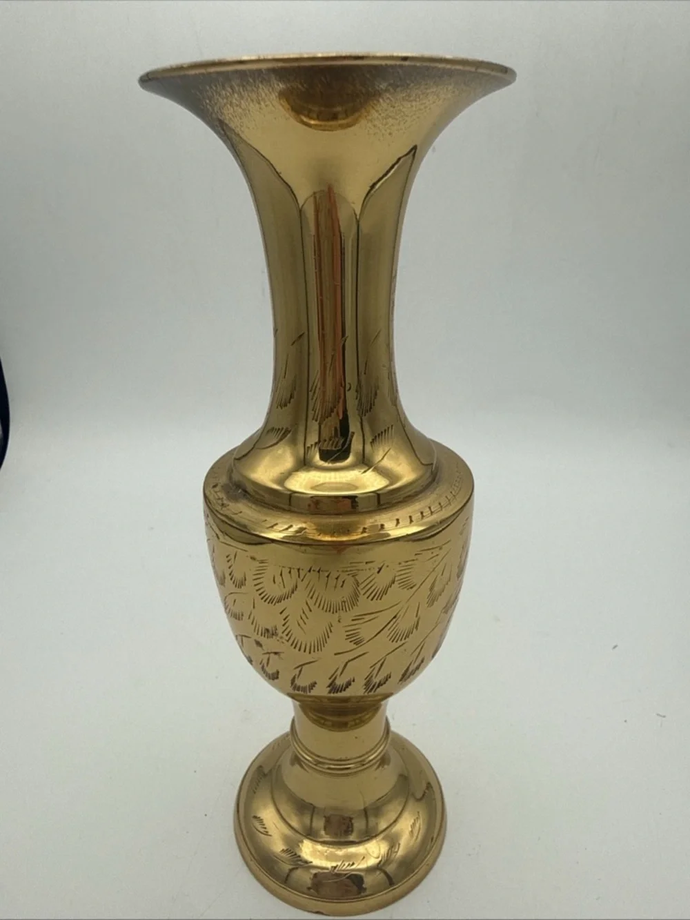 VTG Brass etched Leaf Design Flared Rim 7.75” Vase India